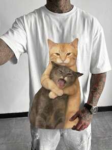 1 pieza Camiseta de cuello redondo de manga corta negra para hombre, diseño de estampado interactivo de gato, súper suave, transpirable y cómoda, anti-pelusas, camiseta de moda estadounidense audaz, adecuada para uso diario y atuendo con tema de mascotas - Blanco - Ver 1