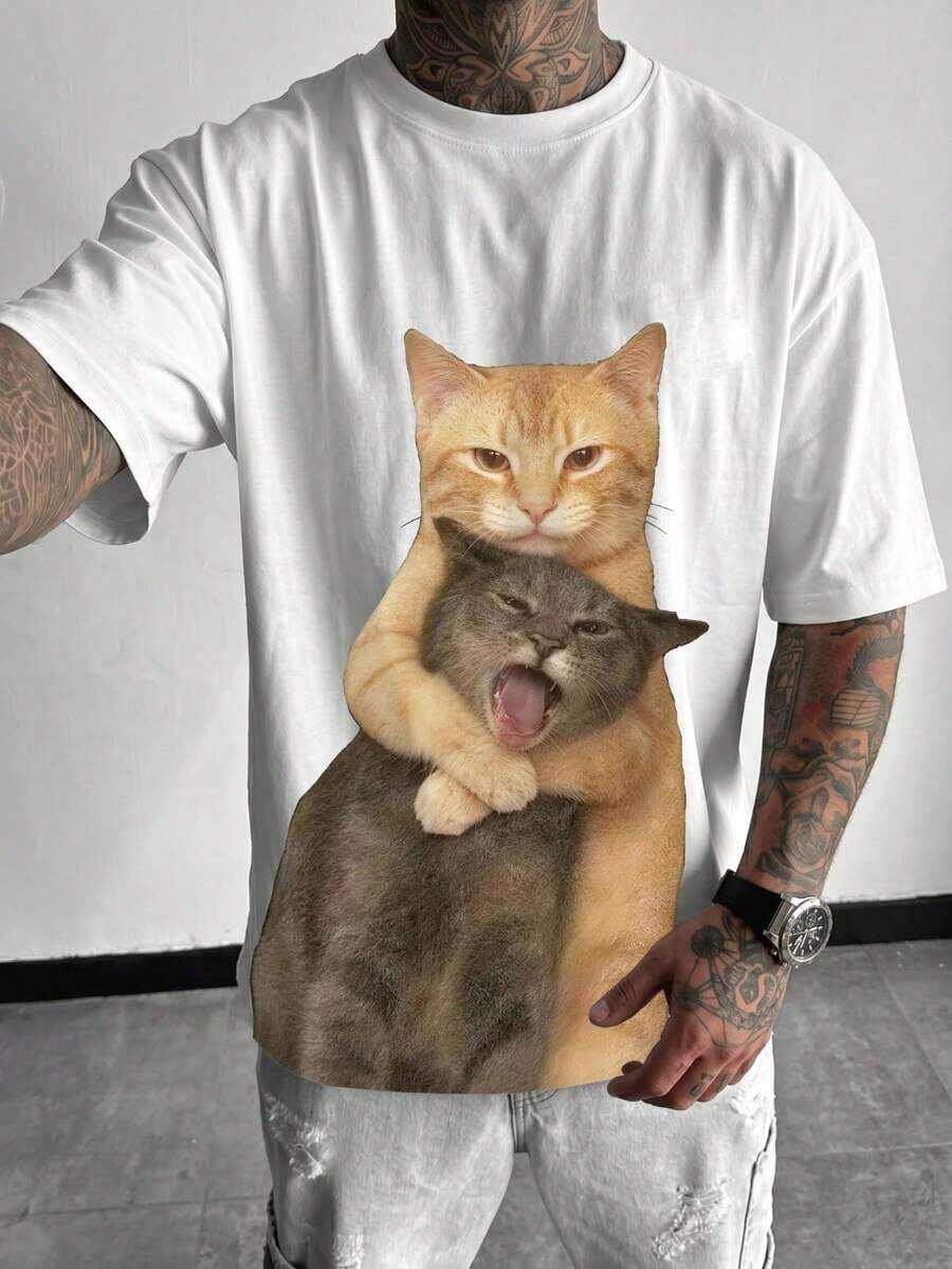 1 pieza Camiseta de cuello redondo de manga corta negra para hombre, diseño de estampado interactivo de gato, súper suave, transpirable y cómoda, anti-pelusas, camiseta de moda estadounidense audaz, adecuada para uso diario y atuendo con tema de mascotas - Blanco - Ver 1