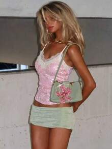 Cute, Romantic & Sexy Sequin Lace Patchwork Camisole, Suitable For Beach, Evening Date - Light Apricot Color - View 2
