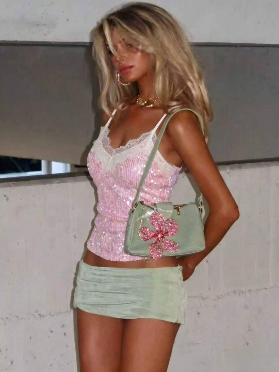 Cute, Romantic & Sexy Sequin Lace Patchwork Camisole, Suitable For Beach, Evening Date
