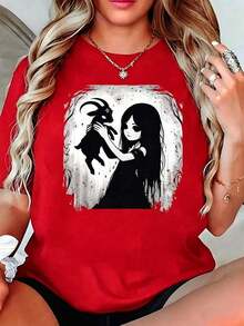 Mexican Basic 2026Playera Negra Liso de Mujer de Corte Holgado, Camiseta Estética Gótica con Gráfico de Cabra y Niña en Misterio del Bosque, Tops de Moda Juvenil y Alternativa, Blusas Bonitas Elegantes, Ropa Urbana de Verano, Camisas Lindascool  New Launch - Rojo - Ver 6