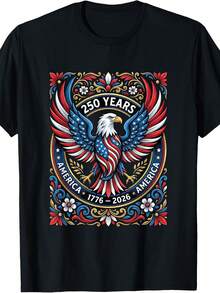 Camiseta patriótica con águila floral y 250 años de América (1776-2026) para mujer. Camiseta unisex de algodón puro de 220 g. Peso ideal para todas las estaciones, apta tanto para hombres como para mujeres. Tejido duradero de alta calidad, suave al tacto y de larga duración. Prenda transpirable, ideal para el otoño y las vacaciones. - Negro - Ver 1