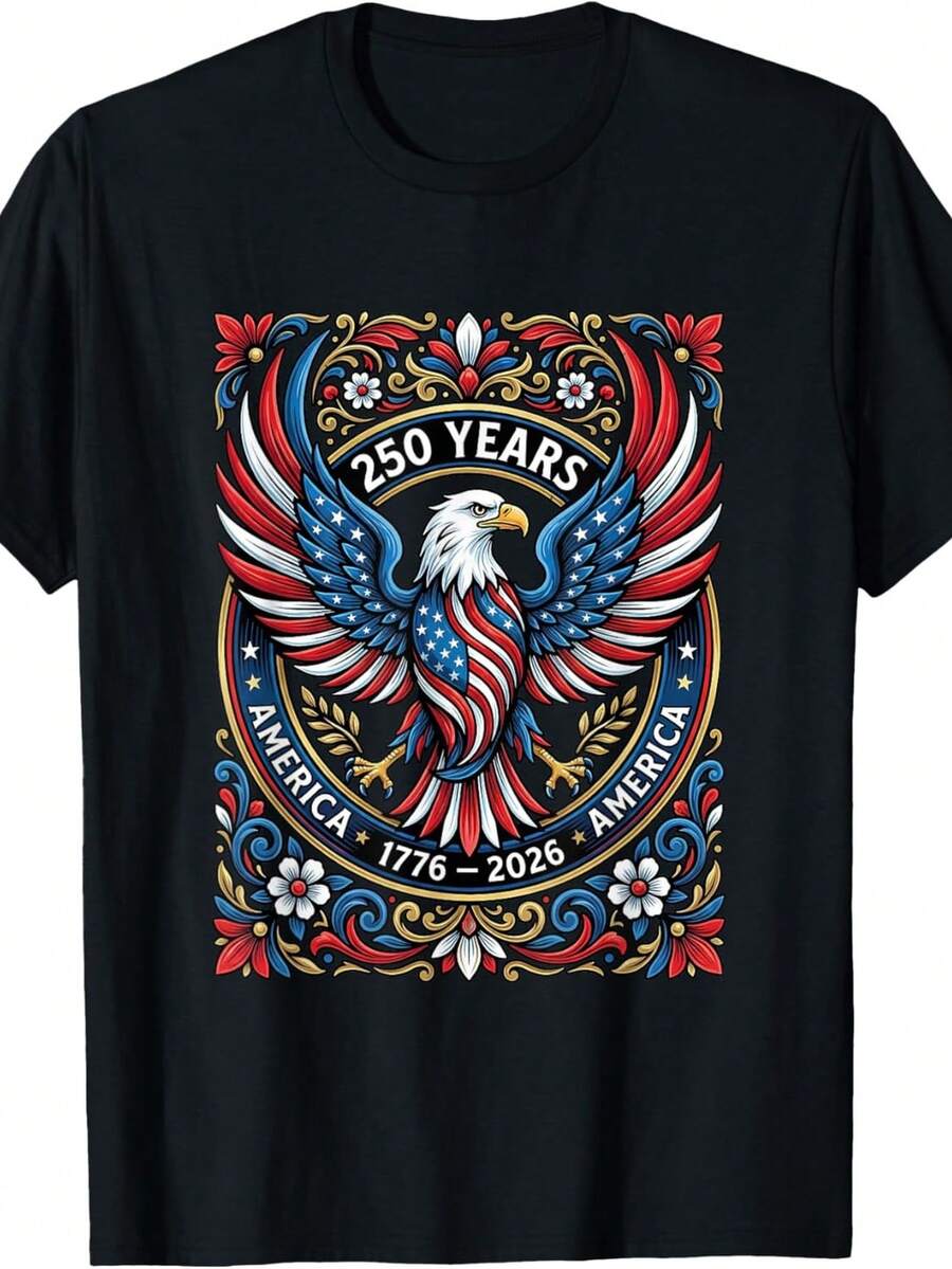 Camiseta patriótica con águila floral y 250 años de América (1776-2026) para mujer. Camiseta unisex de algodón puro de 220 g. Peso ideal para todas las estaciones, apta tanto para hombres como para mujeres. Tejido duradero de alta calidad, suave al tacto y de larga duración. Prenda transpirable, ideal para el otoño y las vacaciones. - Negro - Ver 1