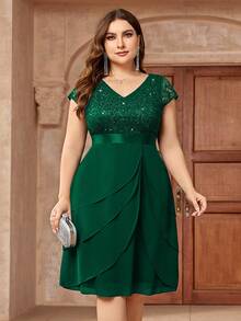 Plus Size Sequin Lace V-Neck Contrast Ruffle Hem Chiffon Cocktail Party Full Skirt, Wedding Guest Dress, Homecoming Elegant Summer - Dark Green - View 6