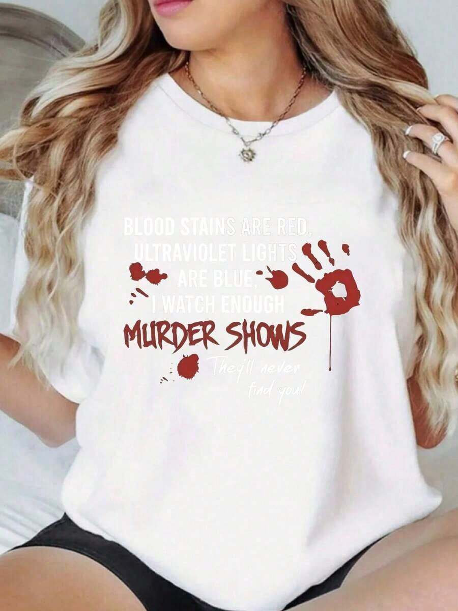 New Fashionable Loose Fit T-Shirt For Women With Blood Palm Print - Casual, 100% Cotton, Round Neck Design, Suitable For All Seasons, One Piece, 200 Gsm - Unisex Short Sleeve Round Neck Cotton T-Shirt, Urban Vintage Style. - 白色 - 查看 1
