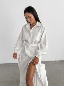 Vestido camisero francés con cuello solapa 2026, corte ajustado, estilo elegante y moderno. - Blanco - Ver 5
