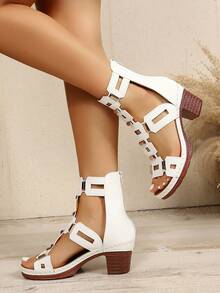 Women's Hollow Geometric Pattern Metal Rivet Chunky Heel Roman Sandals, Gladiator Sandals, Summer Shoes - White - View 7