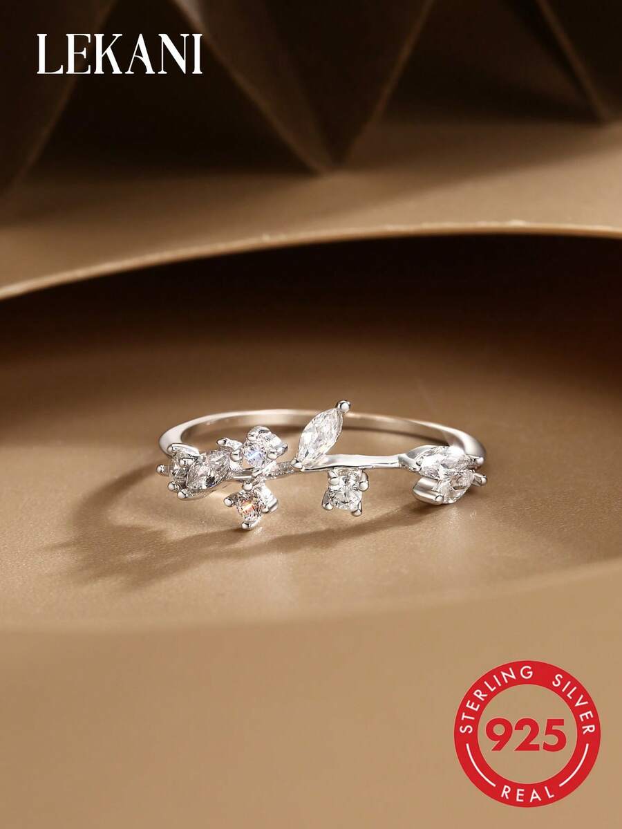 LEKANI 1 chiếc nhẫn bạc S925, thiết kế dây leo và lá cây thời trang đính đá Cubic Zirconia, món quà trang sức thanh lịch, sáng tạo dành cho phụ nữ, mẹ, bạn gái, bạn bè, hoặc để đeo hàng ngày. - Bạc - Xem 1