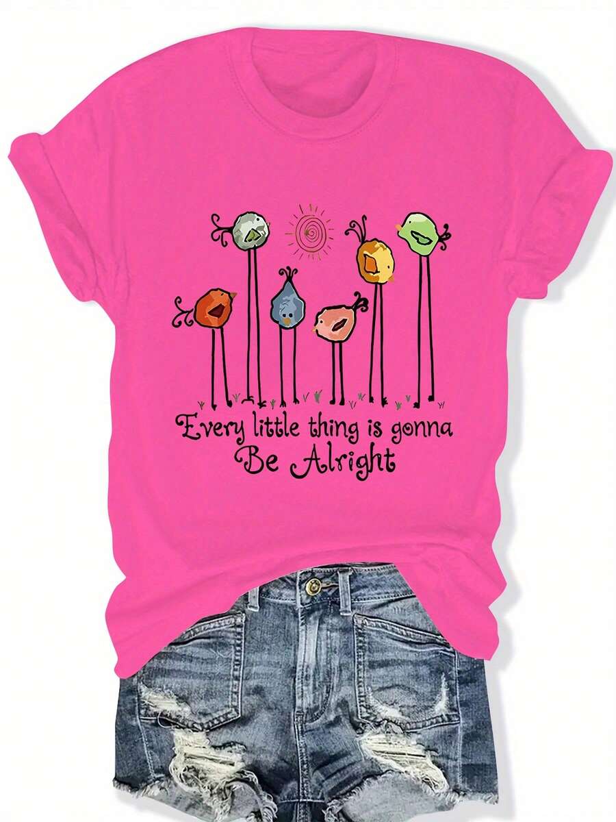 Talla Grande - Talla Grande - Camiseta Casual de Talla Grande para Mujer con Estampado de Pájaros Coloridos en Inglés, Ropa de Mujer para Primavera Verano - Rosa Fucsia - Ver 1