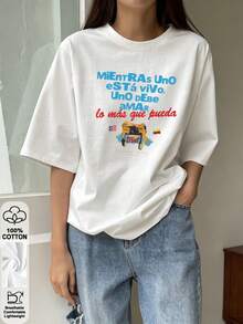 Top Oversize Primavera/Estate 2026, 100% Cotone, Maglietta A Maniche Corte Girocollo Tinta Unita Da Donna, Morbida E Comoda, Streetwear Casual, Stampa Divertente Con Rana Dei Car - 銀行*** - 查看 3