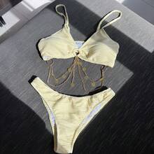 Nuevo traje de baño de dos piezas de tela plisada con bikini de detalle de cadena sexy. - Blanco - Ver 4