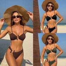Bikini de dos piezas con diseño sexy, hueco, con cuentas, de color sólido y textura acanalada TUME - Amarillo - Ver 2