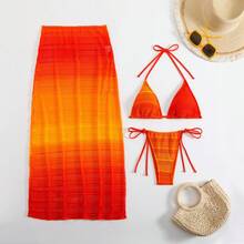Nuevo Bikini Sexy de Tres Piezas con Falda Larga de Malla Degradada para Playa - Rojo anaranjado - Ver 10