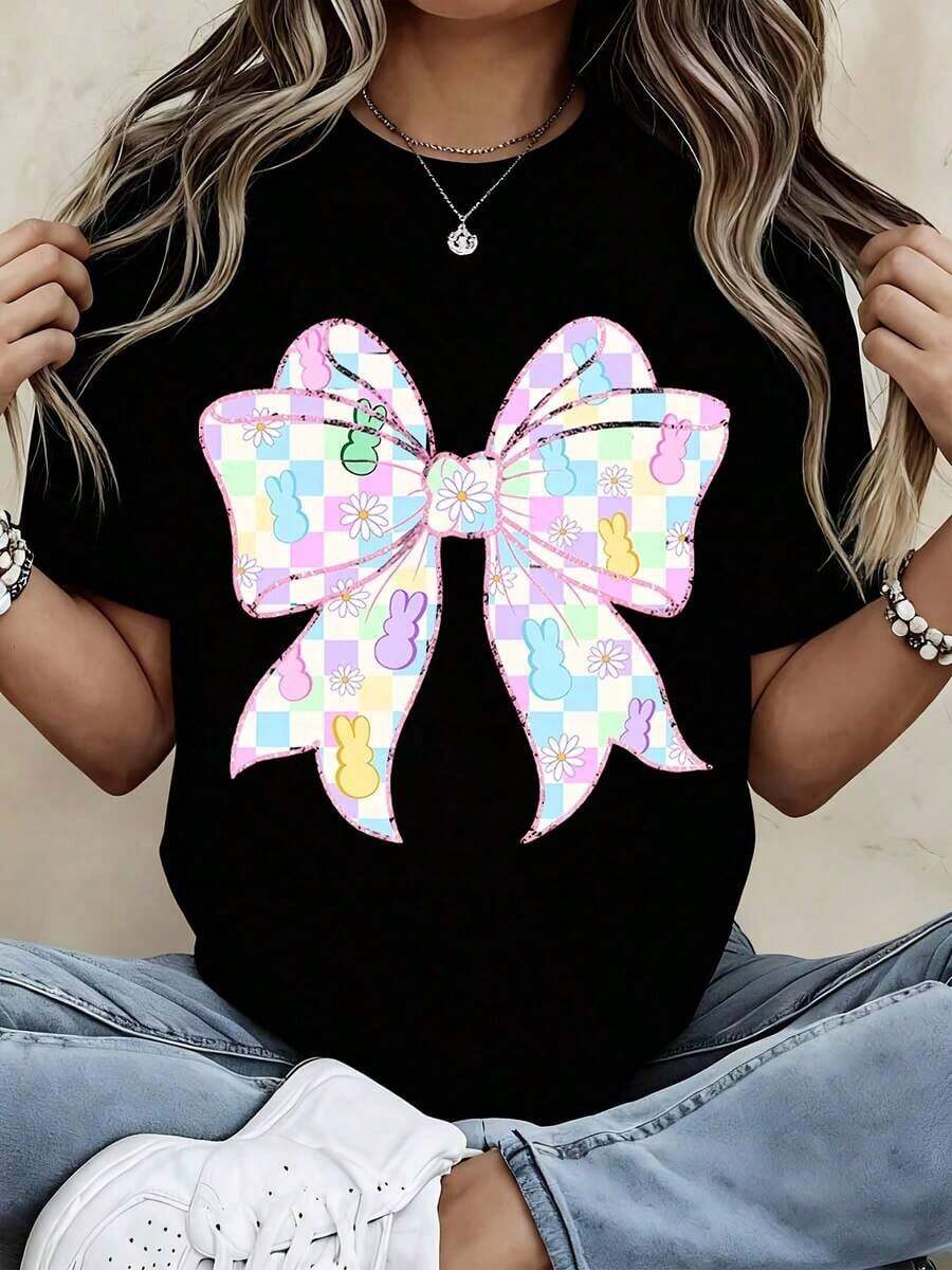Camiseta con estampado de conejo de Pascua en tonos pastel para mujer, top casual de manga corta, moda de primavera y verano, camiseta gráfica linda, transpirable y cómoda. - Negro - Ver 1