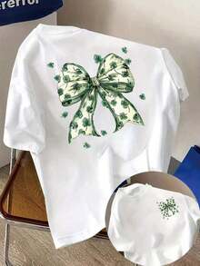Camisetas de manga corta de talla grande, suaves y transpirables para mujer - Tops casuales de corte holgado para uso diario, camiseta de manga corta con estampado frontal y trasero - Estampado de lazo de trébol, moda del Día de San Patricio - Camiseta estampada de primavera/verano para mujer, artículo de moda, transpirable y cómoda. - Blanco - Ver 6