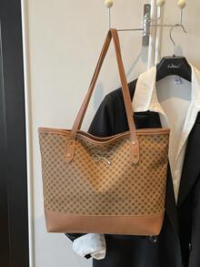 1pc Brown Vintage Floral PU Tote Bag For Women, Large Capacity With Metal Bowknot Rivet Decor, Summer New Arrival - Brown - View 2