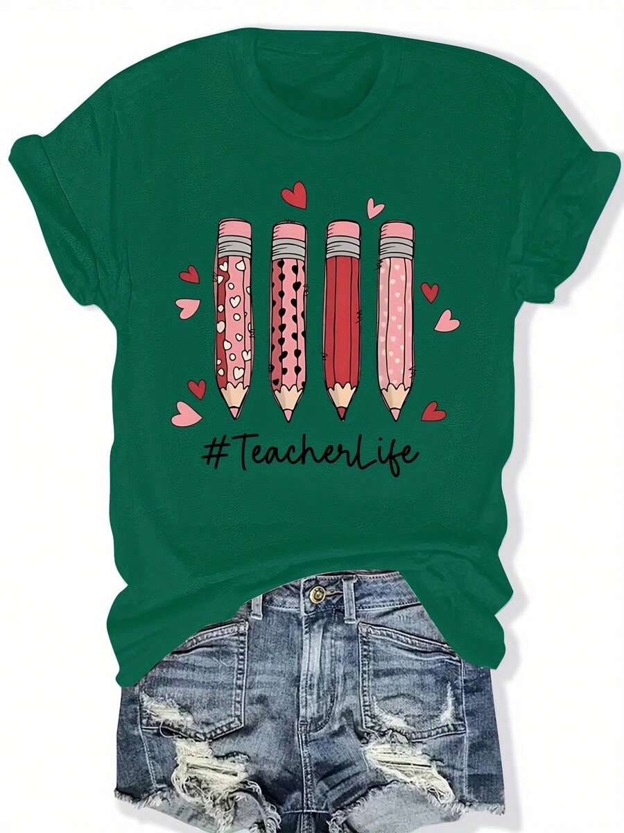 Talla Grande - Top Casual de Talla Grande con Mangas Cortas y Estampado de Letras, Adecuado para Verano y Primavera, Ropa de Mujer - Verde - Ver 1