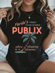 Elegante y casual para mujer, manga corta, camiseta de mujer con diseño de palmeras y texto de Florida Finest Food Stores Publix, ropa casual negra de verano. - Negro - Ver 8