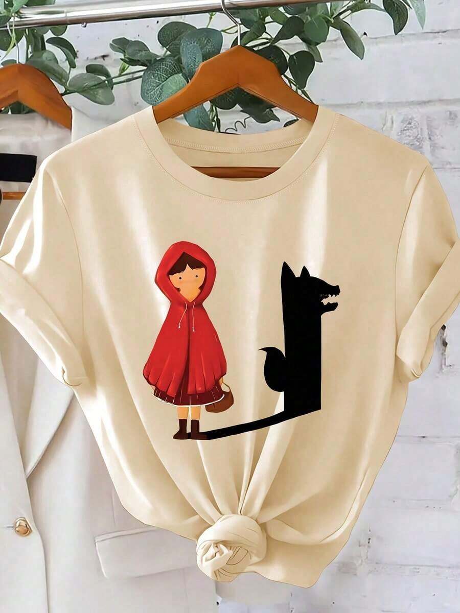 Under The RadarCamiseta de Mujer con Silueta de Caperucita Roja y Lobo - Estampado de Cuento de Hadas, Cuello Redondo, Manga Corta, Lavable a Máquina - Blusa para Looks Elegantes y Cotidianos (Gráfico de Caperucita Roja)-Vintage Street Style Unisex Loose Cotton Short Sleeve Crew Neck T-Shirt - Albaricoque - Ver 1
