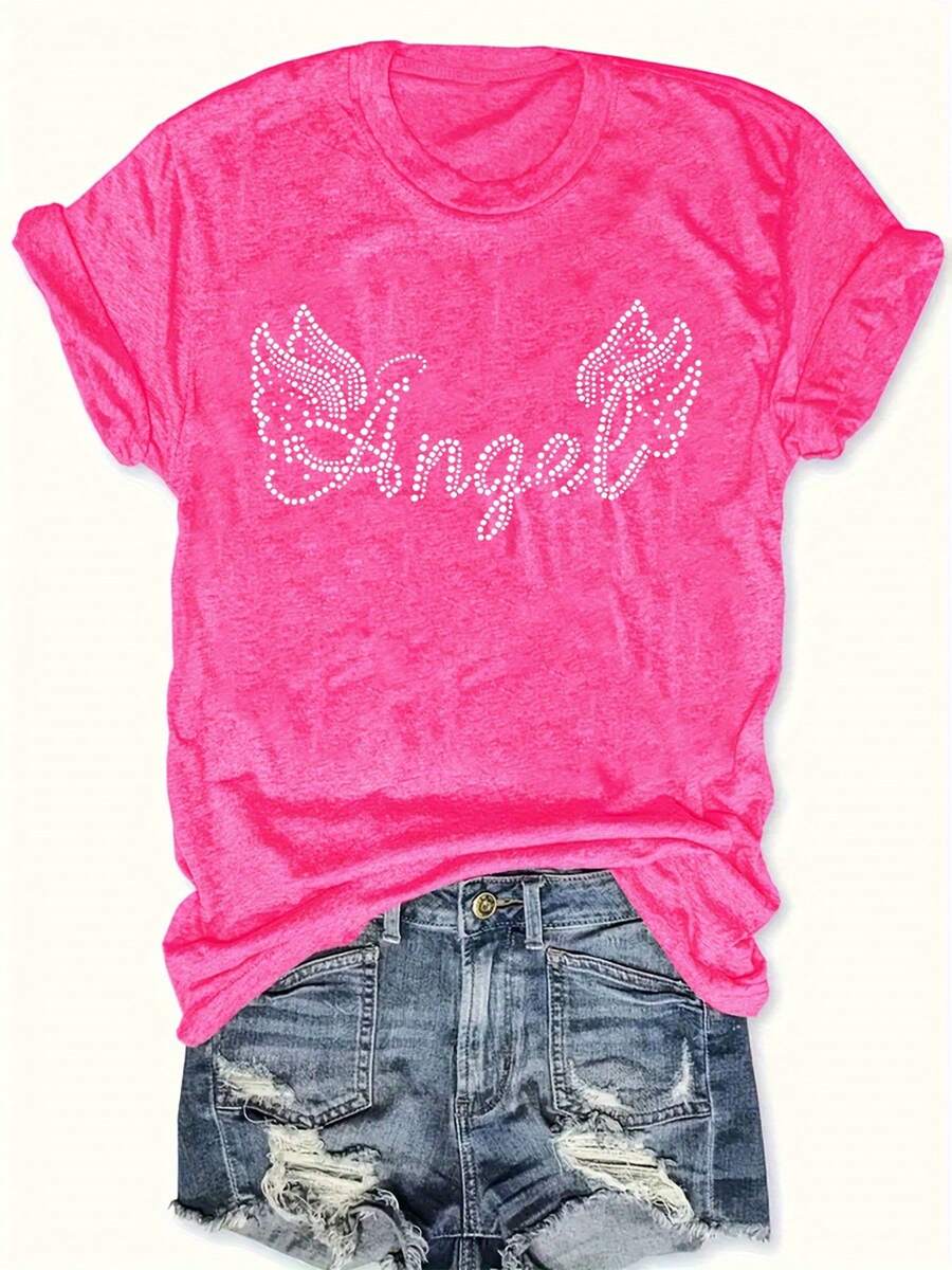 Talla Grande - Talla Grande - Camiseta Casual de Talla Grande con Mangas Cortas y Estampado de Letras, Adecuada para Verano y Primavera, Ropa de Talla Grande para Mujer - Rosa Fucsia - Ver 1