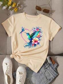 Camiseta Casual de Manga Corta con Cuello Redondo para Mujer, con Impresión Gráfica de Colibrí y Corazón Floral, de Poliéster y Largo Regular - Albaricoque - Ver 3