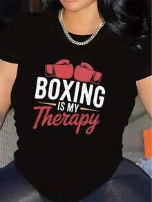 Women's Gym T-Shirt - Graphic Design "Boxing Is My Relaxation" - Lightweight Polyester T-Shirt For Boxing And Fitness Training - Black With Red Lettering - Breathable Athletic Top For Female Boxers And Fighters - Casual Gym Wear, Boxing Equipment, Sporty Design, Comfortable Fit, Workout Clothes, Athletic Style, Durable Material, Training T-Shirt, T-Shirt For Fitness Enthusiasts - 黑色 - 查看 7