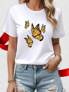 Camiseta de algodón puro elegante para mujer, blanca, de manga corta, a la moda, esencial para ir al trabajo, viajes de verano, citas, regalo, vacaciones, playa, alas de mariposa. - Blanco - Ver 7