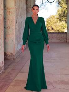 Elegant Bridesmaid Dress - Crossover Neckline, Ruffle Details, Fishtail Hem - Dark Green - View 3
