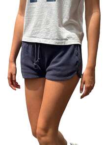 Womens Drawstring Shorts Casual Elastic Low Waist Solid Color Lounge Shorts Going Out Pants - Navy Blue - View 1