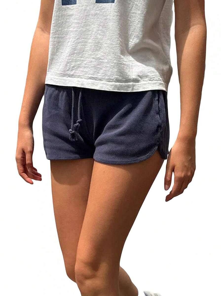 Womens Drawstring Shorts Casual Elastic Low Waist Solid Color Lounge Shorts Going Out Pants - Navy Blue - View 1