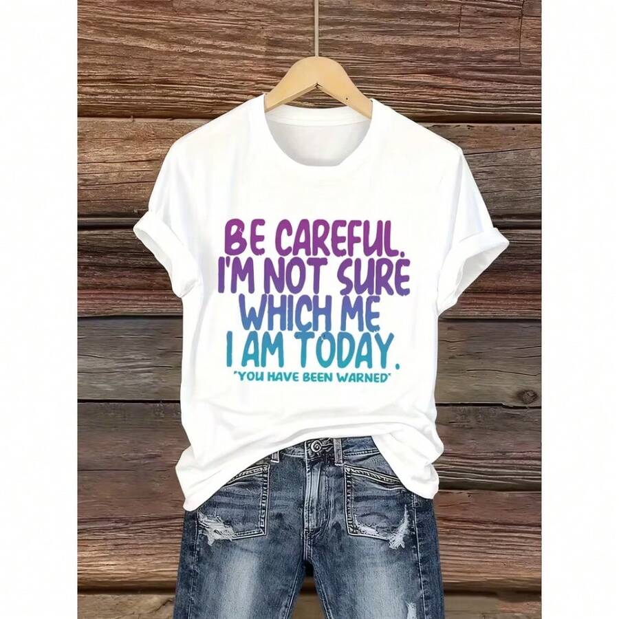 Camiseta de manga corta y cuello redondo para mujer con estampado de letras y frases en inglés, estilo casual y moderno - Blanco - Ver 1