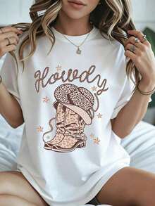 Elegante y casual para mujer, manga corta, camiseta estilo cowboy con estampado de sombrero y botas de leopardo, camiseta blanca para mujer, ropa casual de verano y otoño. - Blanco - Ver 1