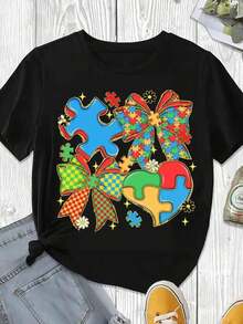 Elegant And Casual Women's Short-Sleeved T-Shirt With Puzzle Piece Print And Bow, White Casual Wear For Spring And Summer. - 黑色 - 查看 3
