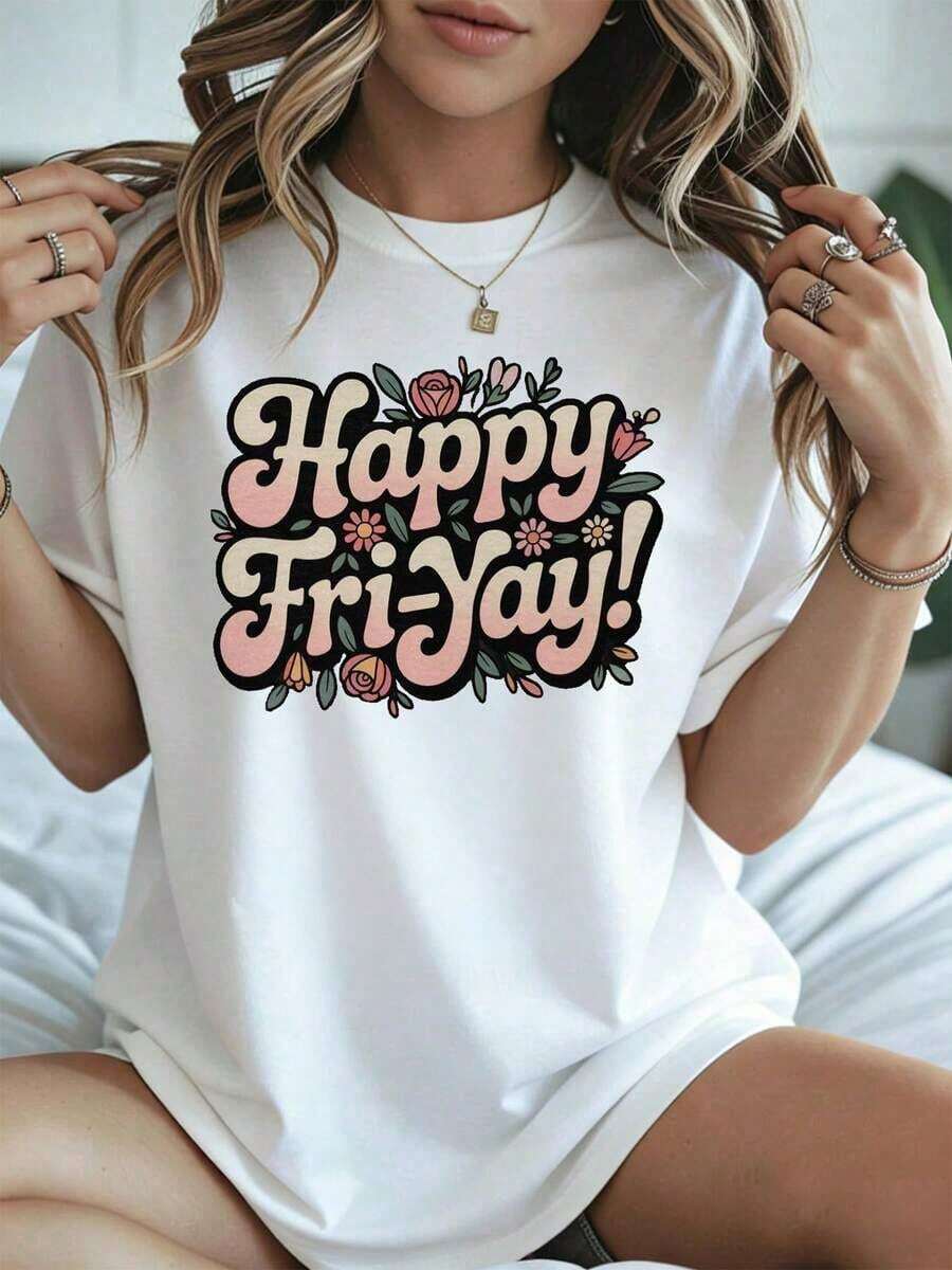 Elegant And Casual Women's Short Sleeve T-Shirt, Friday Happy Fri Yay Floral Print, Black Summer Casual Wear. - 白色 - 查看 1