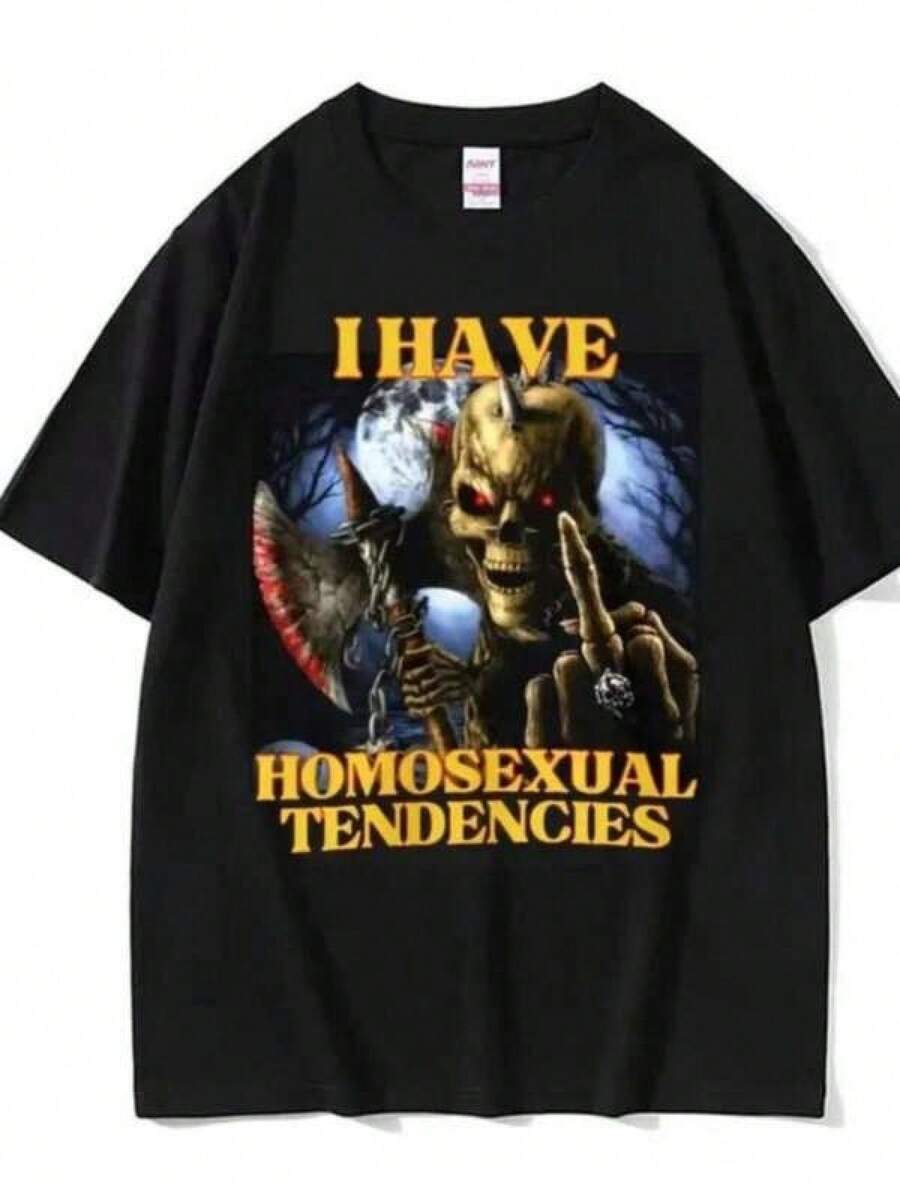 Homosexual Tendencies Funny Hard Skeleton Meme T-shirt Women Men Fashion Harajuku Cool Vintage T Shirt Casual Tshirtblusas para mujer playeras de mujer vestidos casuales para mujer y2k playeras deportivas para mujer verano camisetas ropa de mujer Fashion Perfect For Daily - Negro - Ver 1