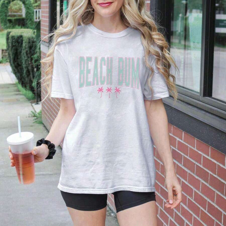 Women's Casual Beach Graphic Print T-Shirt - Short Sleeve, Round Neck, Casual Printed T-Shirt, Lightweight And Comfortable For Everyday Wear, Basic Summer T-Shirt For Women. - 白色 - 查看 1