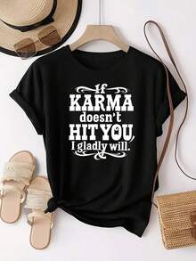 El estampado dice: "Si KARMA no te golpea, yo lo haré con gusto". Esta camiseta deportiva de moda, de manga corta y cuello redondo, con un estampado personalizado, es una prenda cómoda para mujer. Camiseta para mujer, verano. - Negro - Ver 12