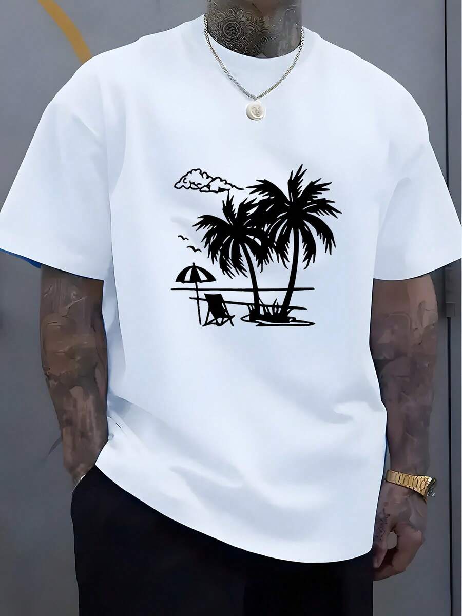 1 Men's Tropical Stretch Cotton T-Shirt - Loose Fit Short Sleeve Beach T-Shirt With Palm Tree And Surfboard Design, Casual Summer Vacation T-Shirt, Ideal For Swimming And Outdoor Activities - 白色 - 查看 1