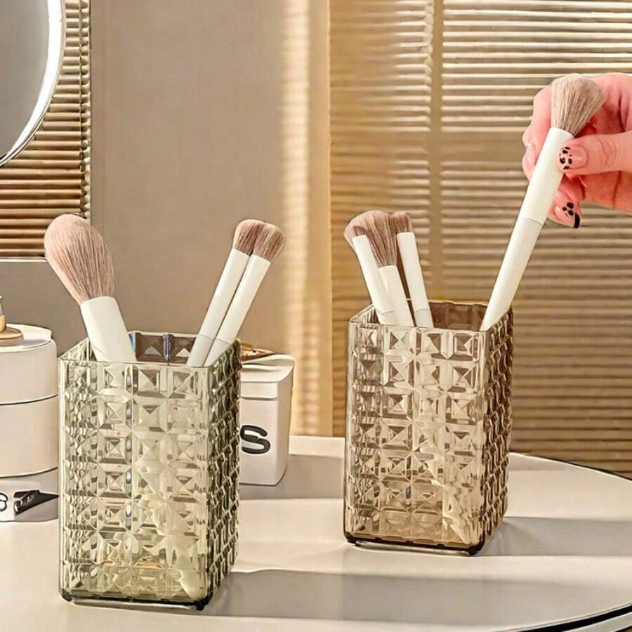 1Pc Transparent Plastic Cosmetic Storage Box, Large Capacity Makeup Brush Holder, Desk Storage Container For Lipstick, Eyeliner, Stationery, Makeup Storage Organizer, Suitable For Bathroom, Bedroom, Dormitory, Office,Makeup Organizer,Room Décor