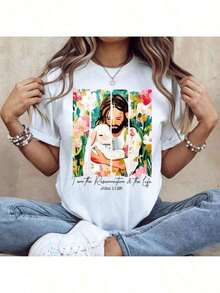 Nueva camiseta de moda para mujer con estampado de pinceladas de Jesús, camiseta de Pascua, camiseta cristiana de Pascua, camiseta con versículo bíblico, regalo cristiano, camiseta de Jesús, camiseta de Pascua, camiseta casual de manga corta con cuello redondo. Elegante, cómoda y transpirable camiseta de una sola pieza, 200 gramos, 100% algodón puro. Todos los diseños están impresos. Adecuado tanto para hombres como para mujeres. Camiseta unisex de estilo retro urbano, holgada, de algodón puro, de manga corta y cuello redondo. - Blanco - Ver 1