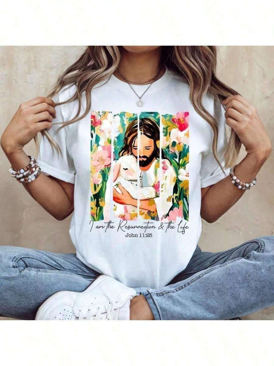 Nueva camiseta de moda para mujer con estampado de pinceladas de Jesús, camiseta de Pascua, camiseta cristiana de Pascua, camiseta con versículo bíblico, regalo cristiano, camiseta de Jesús, camiseta de Pascua, camiseta casual de manga corta con cuello redondo. Elegante, cómoda y transpirable camiseta de una sola pieza, 200 gramos, 100% algodón puro. Todos los diseños están impresos. Adecuado tanto para hombres como para mujeres. Camiseta unisex de estilo retro urbano, holgada, de algodón puro, de manga corta y cuello redondo. - Blanco - Ver 1