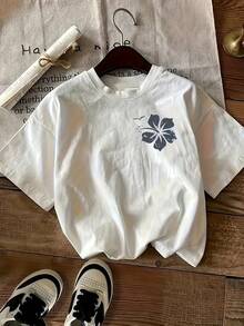 Camiseta Casual de Cuello Redondo Estampada para Mujer, Corte Regular |   Camiseta de mujer de manga corta, ligera, de corte holgado, con diseño floral azul, muy adecuada para primavera y otoño, para uso diario casual en verano. - Blanco - Ver 7