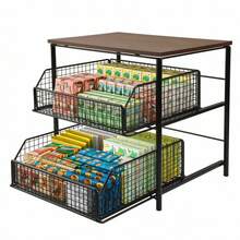 Coffee Pod Storage Organizer With 2 Sliding Baskets – Coffee Machine Stand For Counter, Walnut Top & Sturdy Metal Frame, Holds Up To 10kg Per Layer, Coffee Bar Stand For Kitchen Living Room - Walnut Wood - View 5