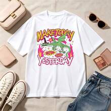 Retro Dragon Graphic, 100% Cotton Oversized Soft Breathable Casual Crewneck Short Sleeve Top, Streetwear Y2K Aesthetic Summer Vibes Kawaii Style For Trendy Youth - Blanco - Ver 1