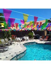 1 Set 100m 150pcs Colorful Triangle Bunting Flags, Party Atmosphere Decor! Rainbow Color Triangle Flags, Using Red, Pink, Yellow, Green, Sky Blue And Other Bright Colors, Multiple Size Options, Moderate Flag Size, Hanging With Staggered Arrangement, Instantly Lighting Up The Scene. Durable And Wind-Resistant Material, Reusable, Suitable For Birthday Parties, Wedding Celebrations, Opening Events, Holiday Decorations - Pennant - View 4
