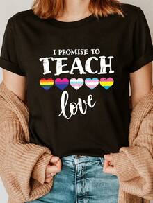 Camiseta de algodón puro. Prometo enseñar el amor y el orgullo LGBT-Q. Como maestra aliada del orgullo, esta es una camiseta moderna con estampado de letras, de manga corta y cuello redondo, ideal para el verano y la primavera, ropa de mujer. Camiseta blanca lisa. - Negro - Ver 6