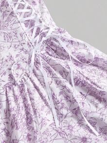 YHHSHEIN MOD Vestido largo con estampado floral azul, romántico y soñador, con lazo - Ideal para fiesta de té en el jardín, cita, fiesta, vestido de verano y primavera para mujer, ropa de playa, vacaciones de primavera, picnic, festival, atuendo de cumpleañosYHH - Lila Púrpura - Ver 3