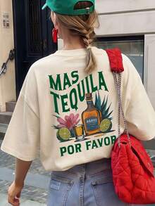 Camiseta de mujer estampada de manga corta para verano, tela de poliéster, estilo multifuncional, corte regular, peso 180 gramos, 1 unidad.,Playera Gráfica Oversized Mujer Verano Casual - Albaricoque - Ver 7