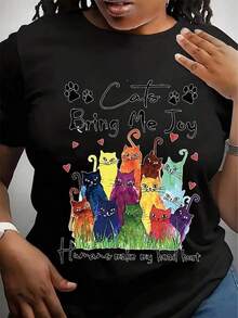 Camiseta Casual para Mujer con Estampado de Gato - Lema de Cafetería de Gatos y Estampado de Gato de Dibujos Animados Colorido, Camiseta de Verano, Cuello Redondo Holgado, Manga Corta, Camiseta de Gato, Ropa Divertida y Humorística, Tela Cómoda - Negro - Ver 1