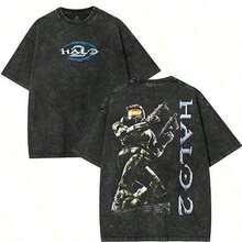 Camiseta HALO 2 Vintage de Algodón Grueso Lavado - Cuello Redondo de Algodón Cómodo, 100% Algodón Premium - Ropa Masculina, Atuendos de Verano para Hombres y Mujeres OOK4 - Negro - Ver 1